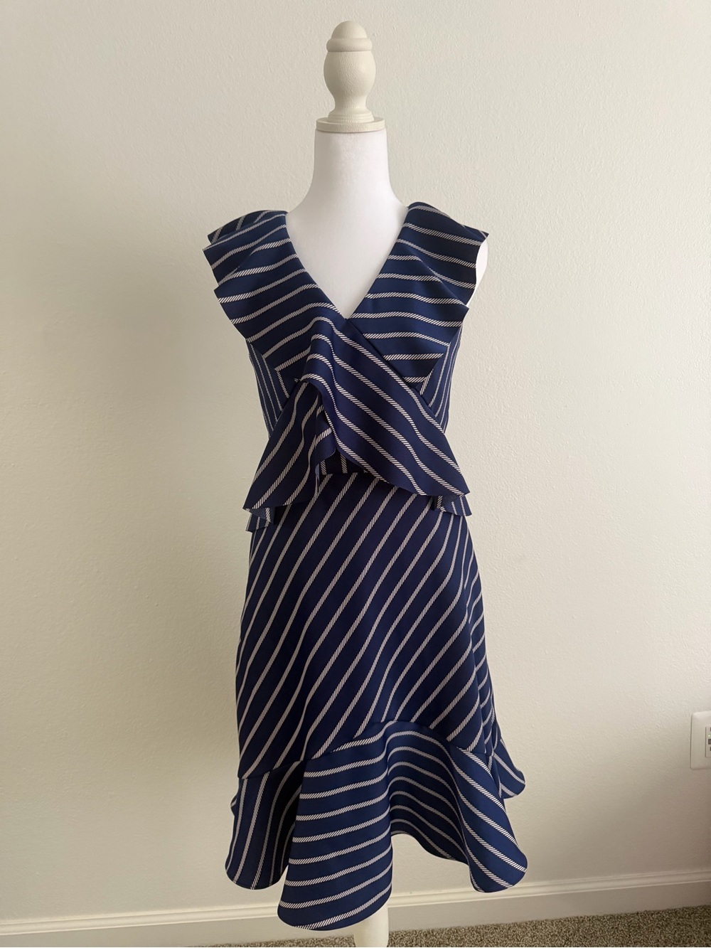 Banana Republic Navy and White Striped Ruffle Midi Dress